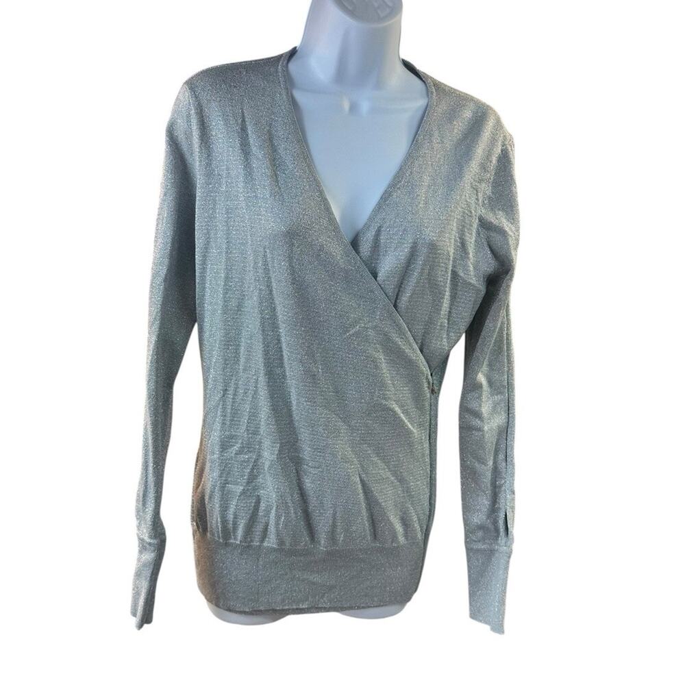 Cache Shimmering Silver Lurex Wrap Sweater Metallic Knit Y2K Glam Party Sz L NWT